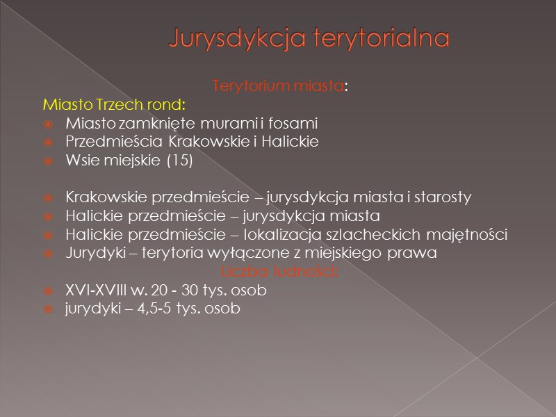 Jurysdykcja terytorialna Terytorium miasta: Miasto Trzech rond: Miasto zamknięte murami i fosami Przedmieścia Krakowskie